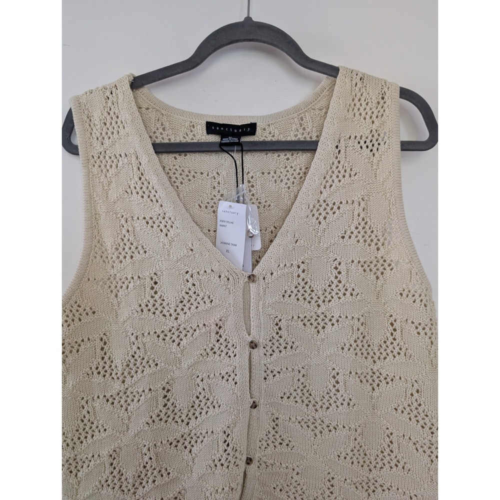 Sanctuary Knit Vest Cream Pointelle Open Knit Button Front Fairy Earthy XL NEW